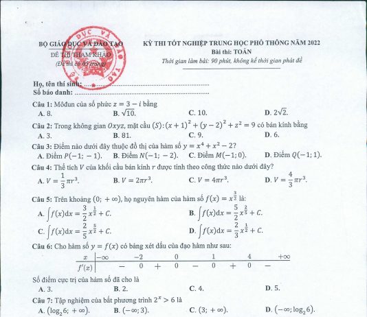 Đề thi thử thpt quốc gia 2022 môn toán