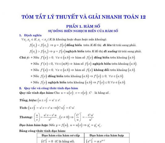 Công thức giải nhanh toán 12