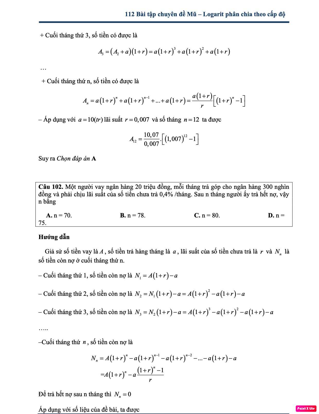 Bài tập trắc nghiệm phương trình mũ và logarit