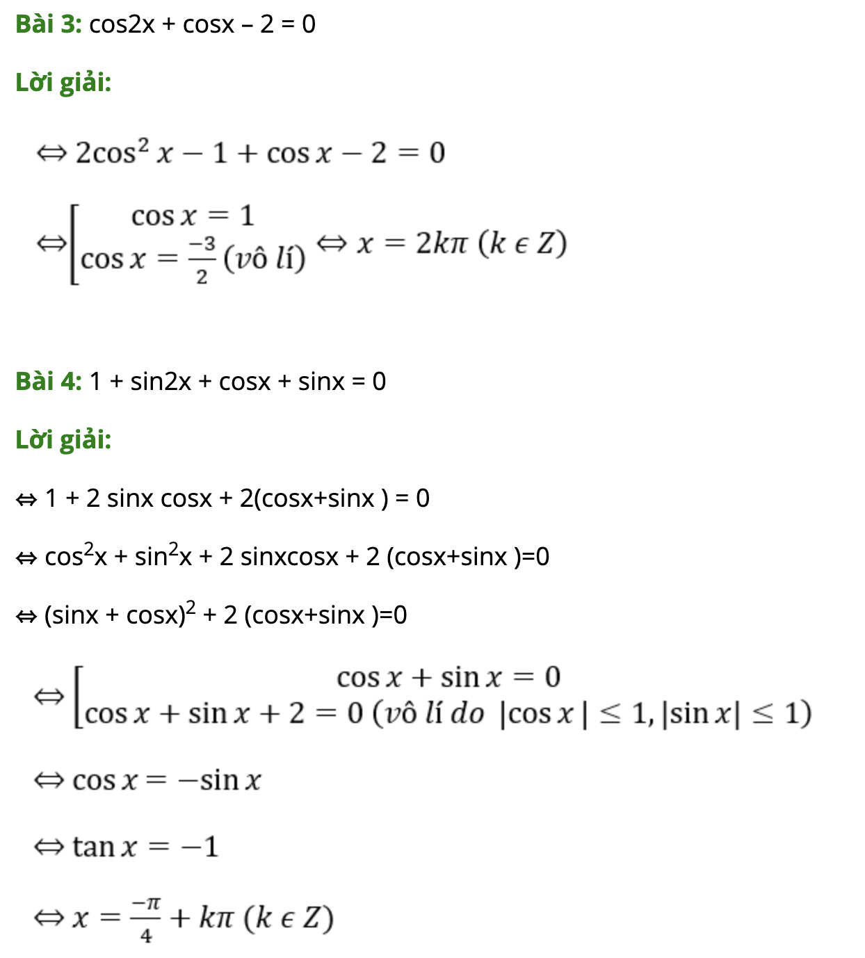 Bài tập giải phương trình bậc hai với một hàm số lượng giác kèm đáp án