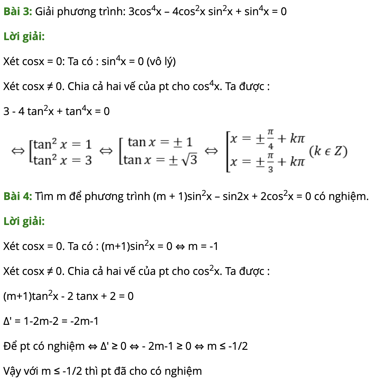 Bài tập giải phương trình đẳng cấp bậc 2, bậc 3 lượng giác có đáp án 