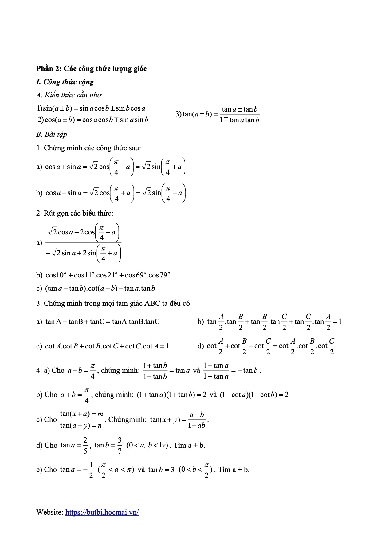 Bài tập công thức lượng giác 10