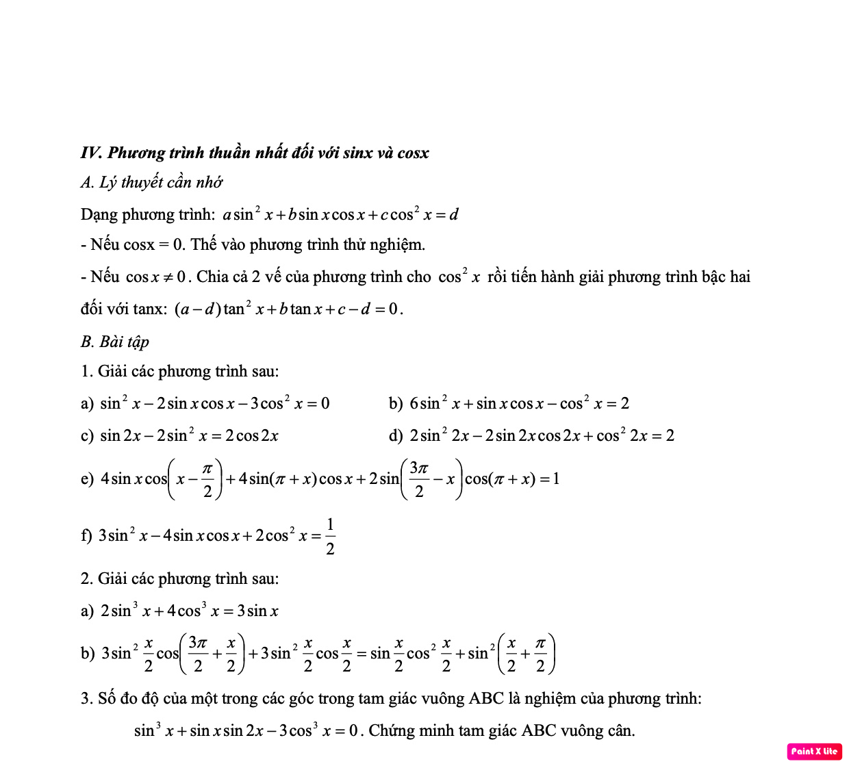 Bài tập vận dụng công thức lượng giác lớp 10