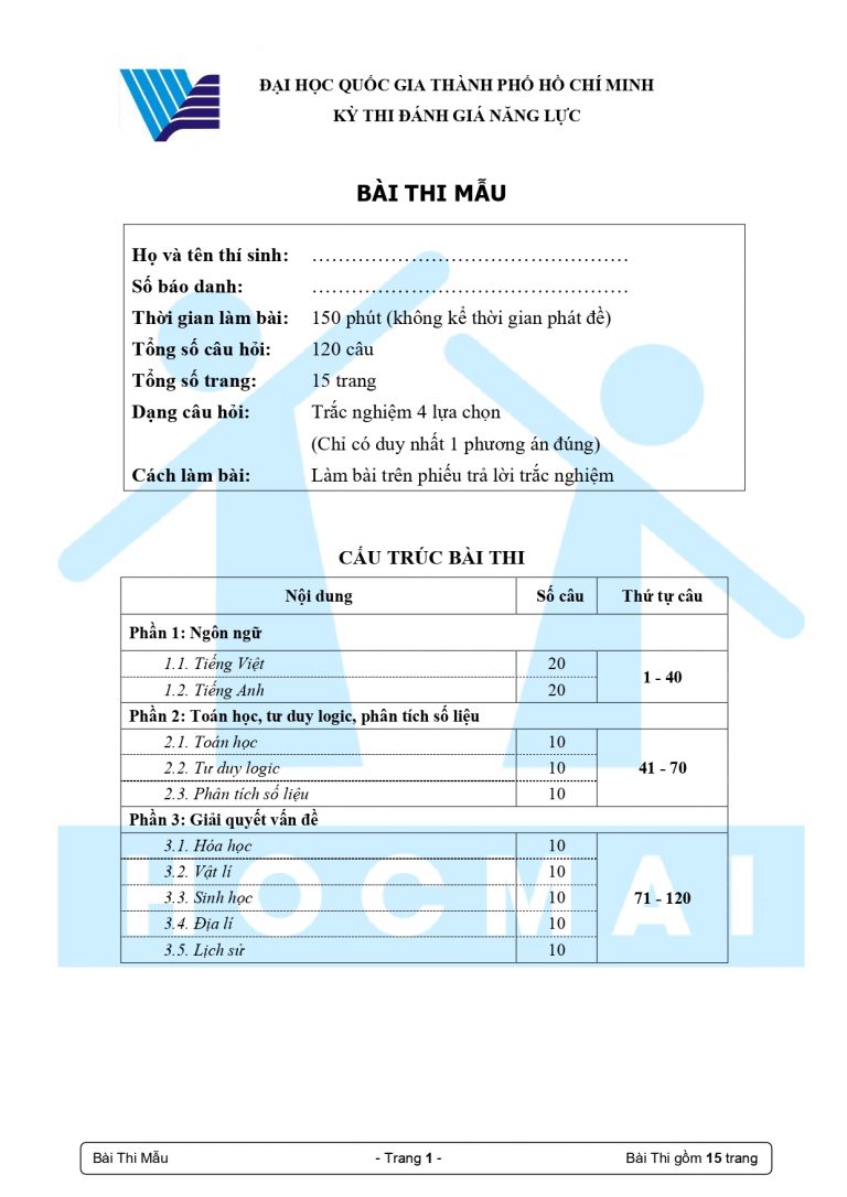 Đề thi đánh giá năng lực ĐHQG TP. HCM 2019 (Đề mẫu)