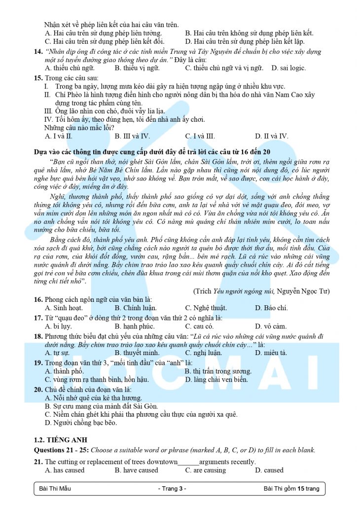 Đề thi đánh giá năng lực ĐHQG TP. HCM 2019 (Đề mẫu)